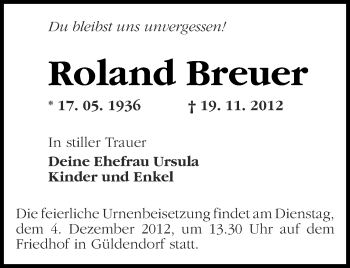 Traueranzeige von Roland Breuer von Märkische Oderzeitung