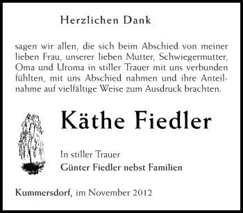 Traueranzeige von Käthe Fiedler von Märkische Oderzeitung