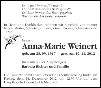 Traueranzeige von Anna-Marie Weinert von Märkische Oderzeitung