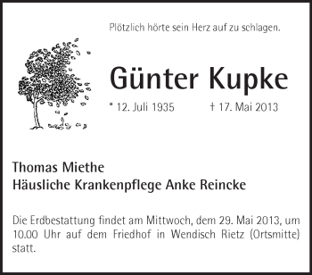 Traueranzeige von Günter Kupke von Märkische Oderzeitung