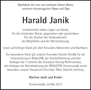 Traueranzeige von Harald Janik von Märkische Oderzeitung