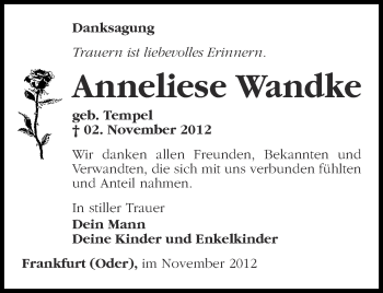 Traueranzeige von Anneliese Wandke von Märkische Oderzeitung