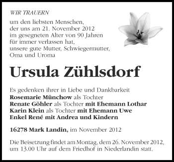 Traueranzeige von Ursula Zühlsdorf von Märkische Oderzeitung