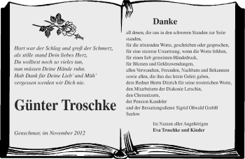 Traueranzeige von Günter Troschke von Märkische Oderzeitung