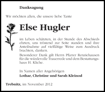 Traueranzeige von Else Hugler von Märkische Oderzeitung