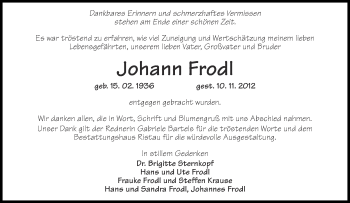 Traueranzeige von Johann Frodl von Märkische Oderzeitung