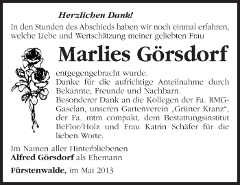 Traueranzeige von Marlies Görsdorf von Märkische Oderzeitung