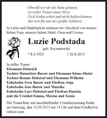 Traueranzeige von Luzie Podstada von Märkische Oderzeitung