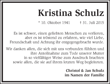 Traueranzeige von Kristina Schulz von Märkische Oderzeitung