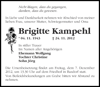 Traueranzeige von Brigitte Kampehl von Märkische Oderzeitung