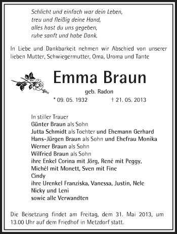 Traueranzeige von Emma Braun von Märkische Oderzeitung