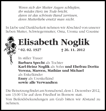 Traueranzeige von Elisabeth Noglik von Märkische Oderzeitung