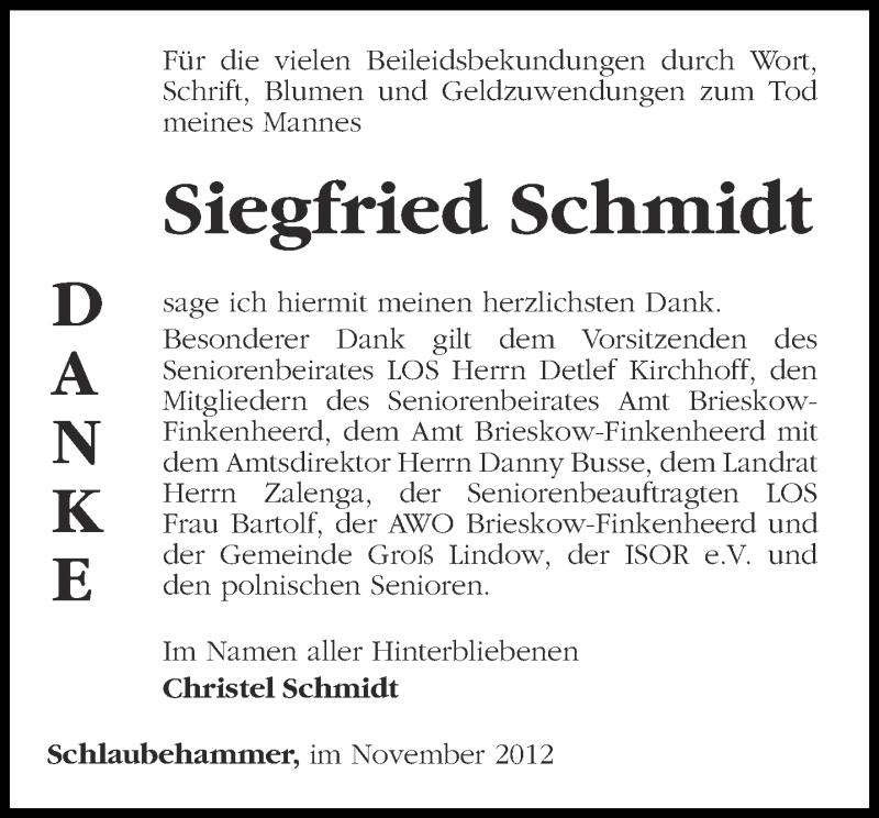  Traueranzeige für Siegfried Schmidt vom 01.12.2012 aus Märkische Oderzeitung