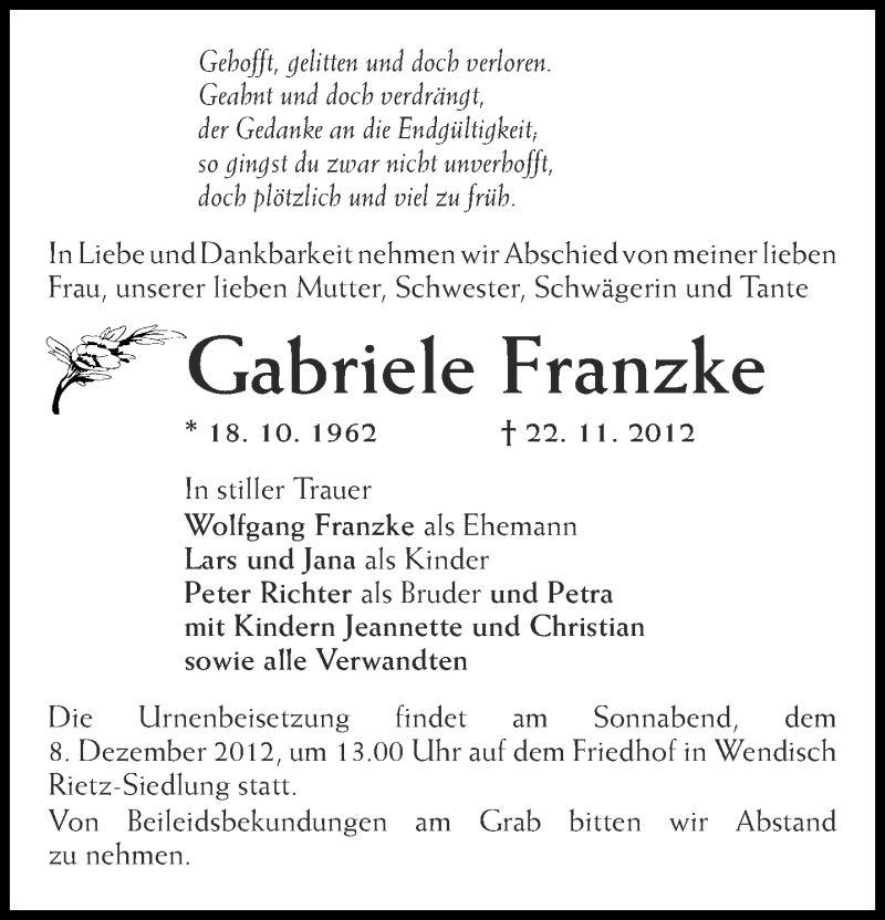  Traueranzeige für Gabriele Franzke vom 28.11.2012 aus Märkische Oderzeitung