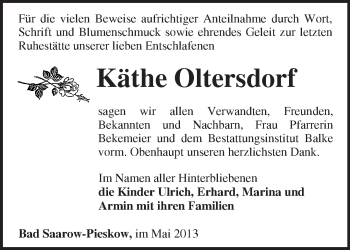 Traueranzeige von Kathe Oltersdorf von Märkische Oderzeitung