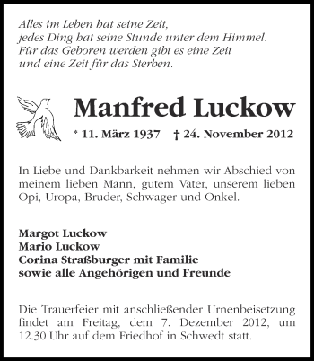 Traueranzeige von Manfred Luckow von Märkische Oderzeitung