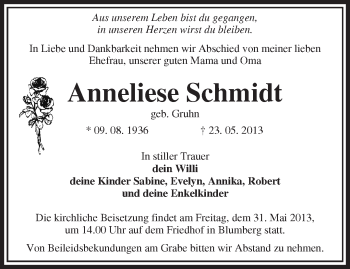 Traueranzeige von Anneliese Schmidt von Märkische Oderzeitung