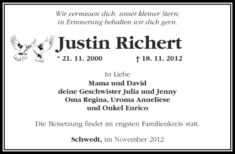  Traueranzeige für Justin Richert vom 28.11.2012 aus Märkische Oderzeitung