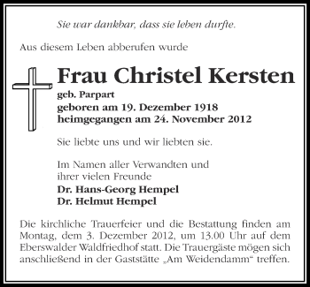 Traueranzeige von Christel Kersten von Märkische Oderzeitung