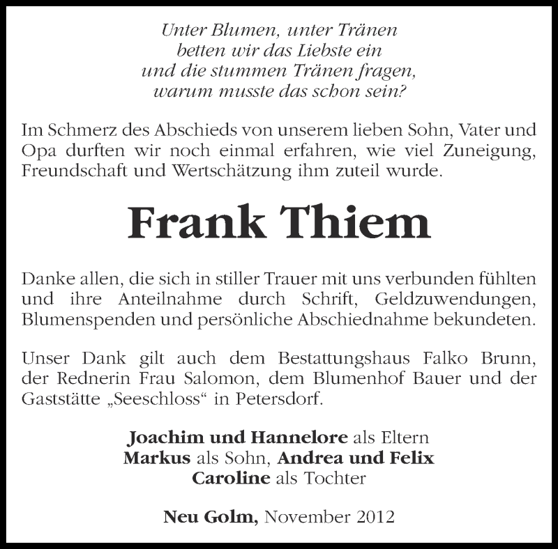  Traueranzeige für Frank Thiem vom 01.12.2012 aus Märkische Oderzeitung