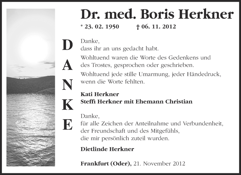  Traueranzeige für Boris Herkner vom 01.12.2012 aus Märkische Oderzeitung