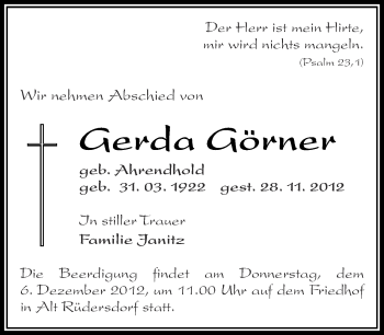 Traueranzeige von Gerda Görner von Märkische Oderzeitung