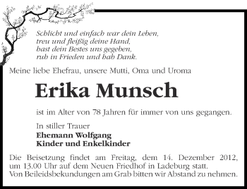 Traueranzeige von Erika Munsch von Märkische Oderzeitung