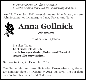 Traueranzeige von Anna Gollnick von Märkische Oderzeitung