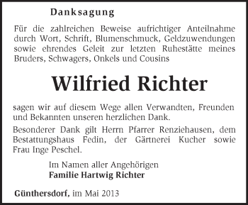 Traueranzeige von Wilfried Richter von Märkische Oderzeitung