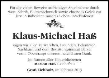 Traueranzeige von Klaus-Michael Haß von Märkische Oderzeitung