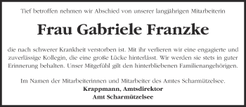 Traueranzeige von Gabriele Franzke von Märkische Oderzeitung