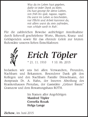 Traueranzeige von Erich Töpler von Märkische Oderzeitung