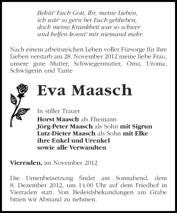 Traueranzeige von Eva Maasch von Märkische Oderzeitung