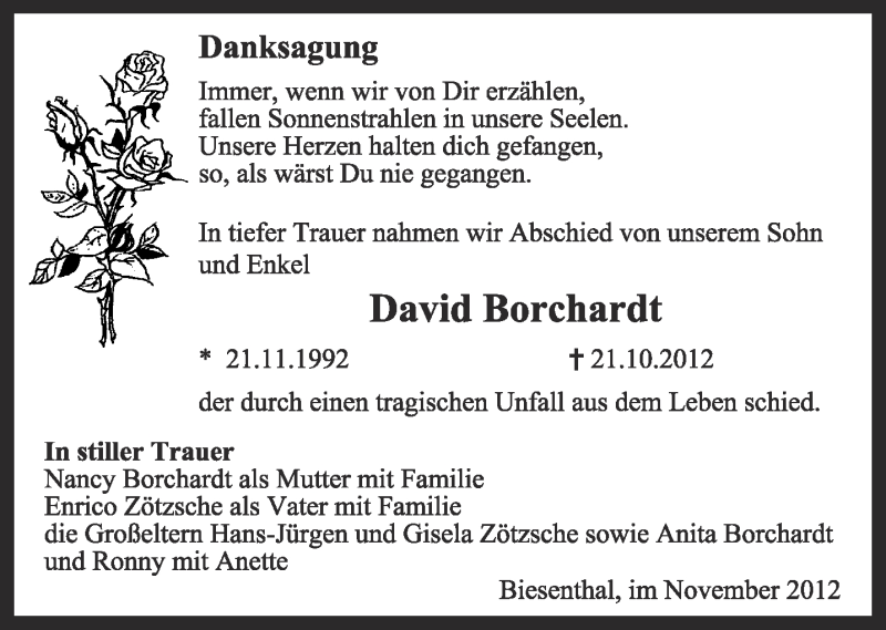  Traueranzeige für David Borchardt vom 01.12.2012 aus Märkische Oderzeitung