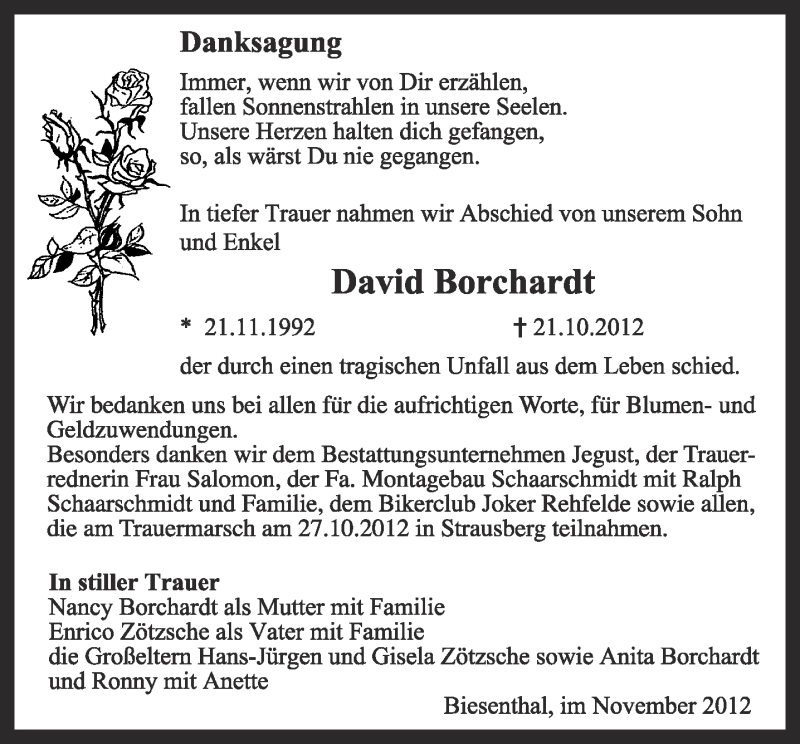  Traueranzeige für David Borchardt vom 01.12.2012 aus Märkische Oderzeitung