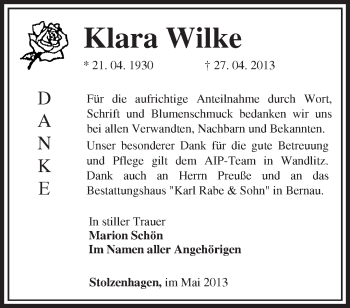 Traueranzeige von Klara Wilke von Märkische Oderzeitung