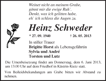 Traueranzeige von Heinz Schweder von Märkische Oderzeitung