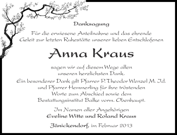 Traueranzeige von Anna Kraus von Märkische Oderzeitung