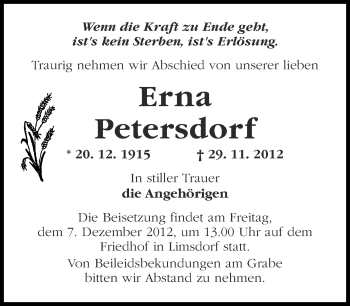 Traueranzeige von Erna Petersdorf von Märkische Oderzeitung