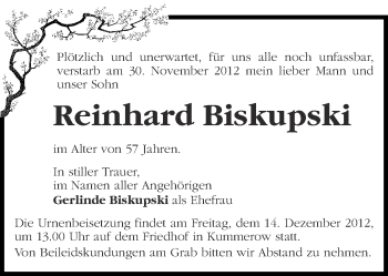 Traueranzeige von Reinhard Biskupski von Märkische Oderzeitung