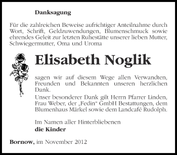 Traueranzeige von Elisabeth Noglik von Märkische Oderzeitung