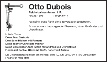 Traueranzeige von Otto Dubois von Märkische Oderzeitung