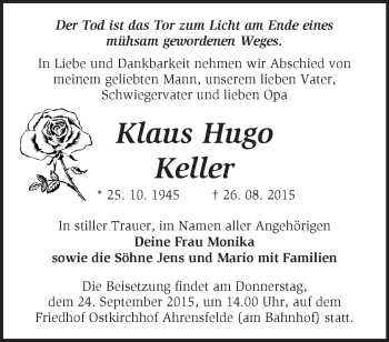 Traueranzeige von Klaus Huge Keller von Märkische Oderzeitung