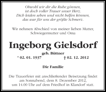 Traueranzeige von Ingeborg Gielsdorf von Märkische Oderzeitung