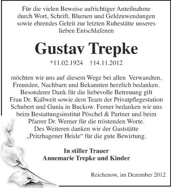 Traueranzeige von Gustav Trepke von Märkische Oderzeitung