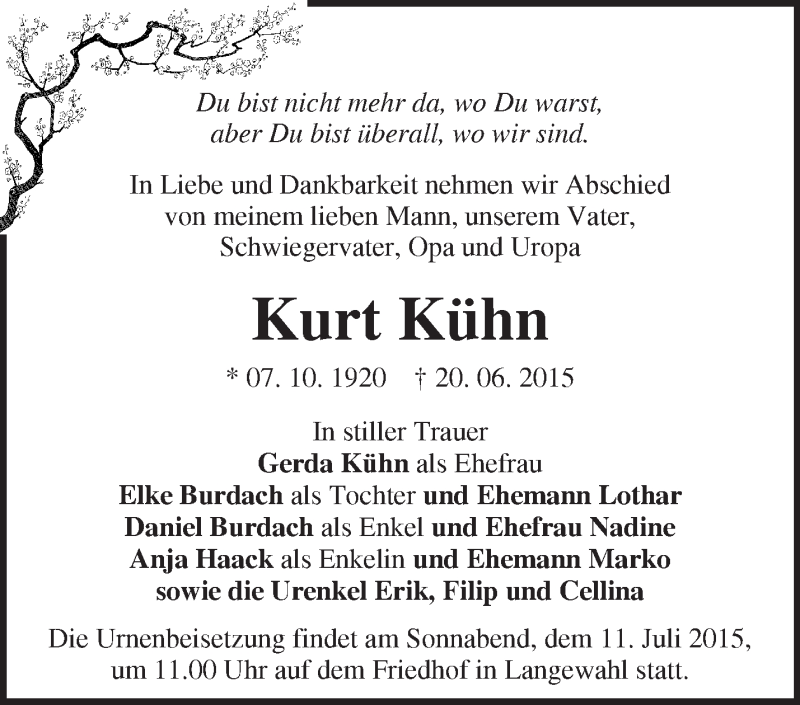  Traueranzeige für Kurt Kühn vom 04.07.2015 aus Märkische Oderzeitung