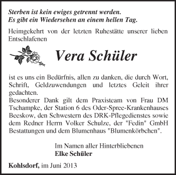 Traueranzeige von Vera Schüler von Märkische Oderzeitung