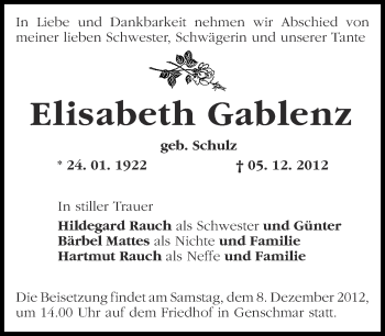 Traueranzeige von Elisabeth Gablenz von Märkische Oderzeitung