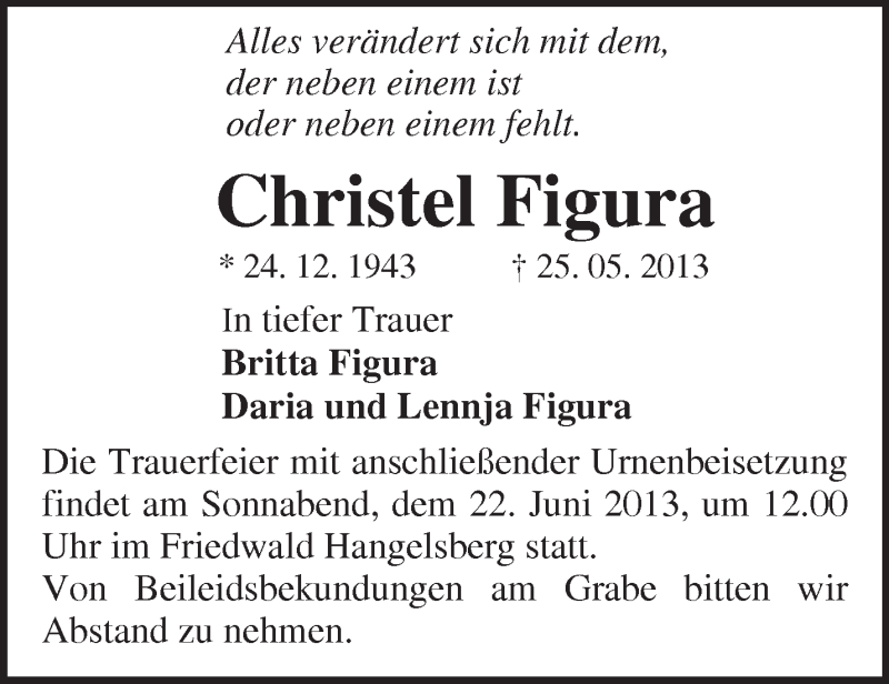  Traueranzeige für Christel Figura vom 01.06.2013 aus Märkische Oderzeitung