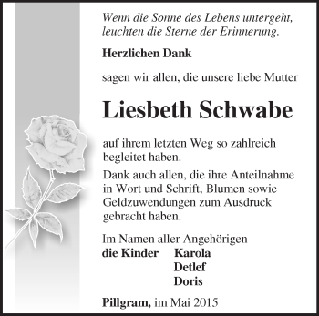 Traueranzeige von Liesbeth Schwabe von Märkische Oderzeitung